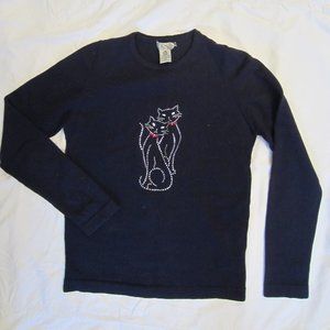 Junior 100% Wool sweater with Cats applique, dark blue/navy color, SM petite